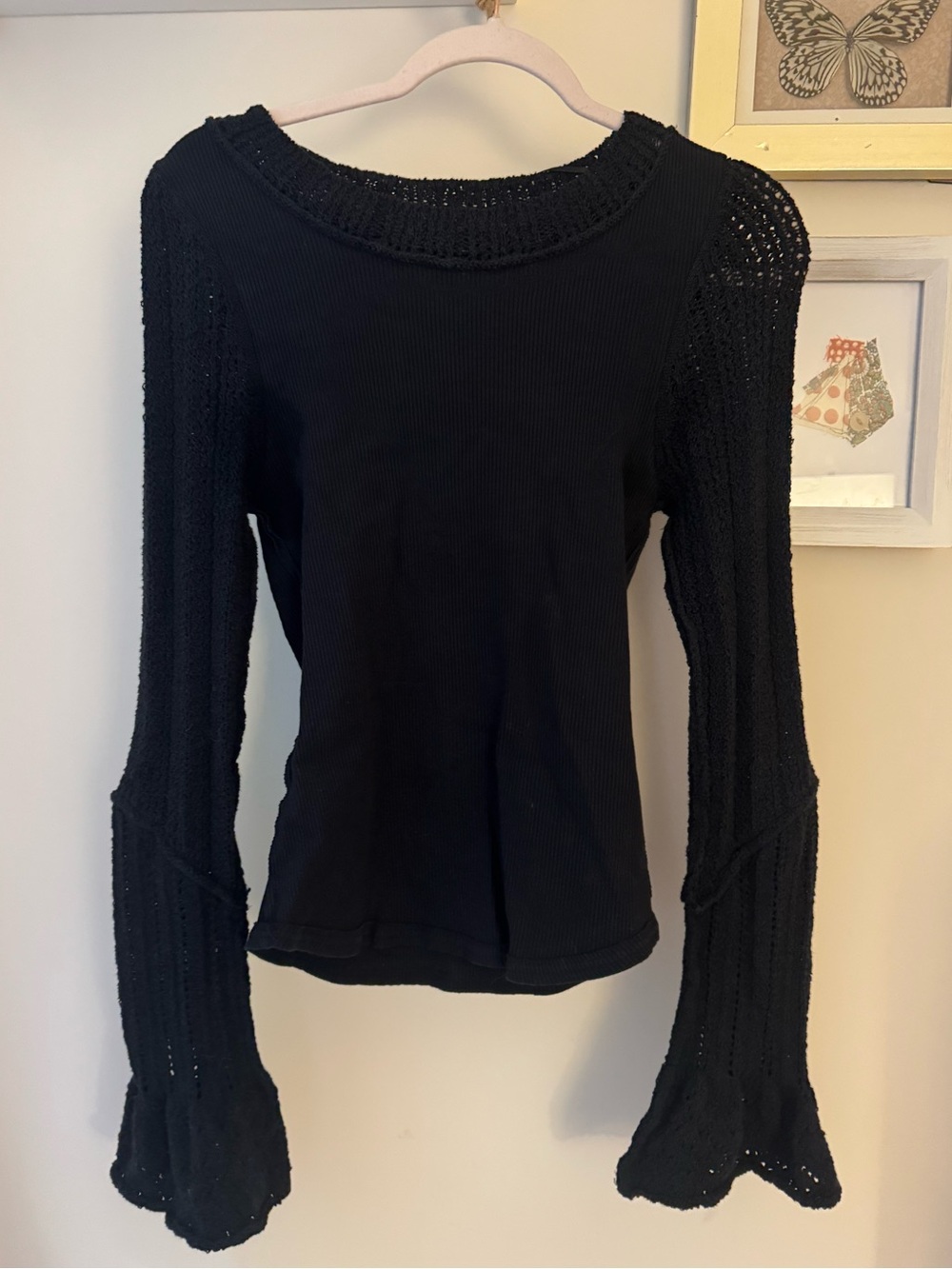 Free People Black Long Sleeve Knit Top with Bell Crochet Sleeves XL
